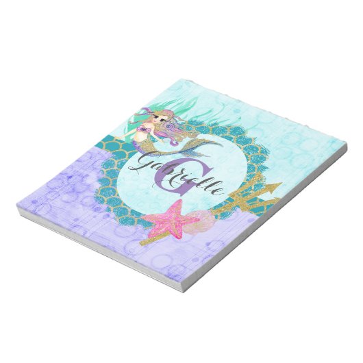 かわいいモノグラムマーメイドティール（緑がかった色）&パープルウォーター色 ノートパッド (回転)