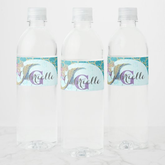 かわいいモノグラムマーメイドティール（緑がかった色）&パープルウォーター色 ペットボトルラベル (ボトル)