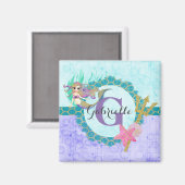 かわいいモノグラムマーメイドティール(緑がかった色)&パープルウォーター色 マグネット (正面/裏面)