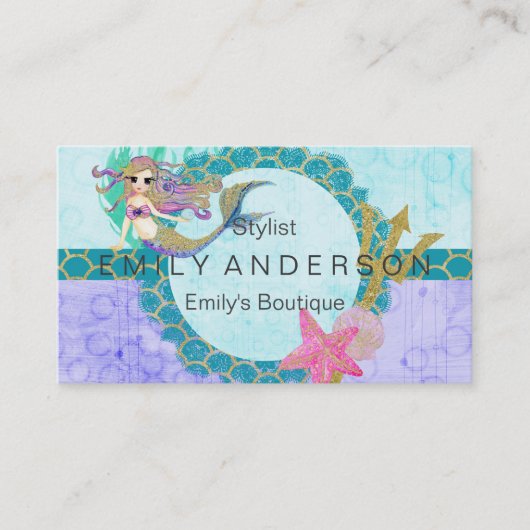 かわいいモノグラムマーメイドティール(緑がかった色)&パープルウォーター色 名刺 (正面)