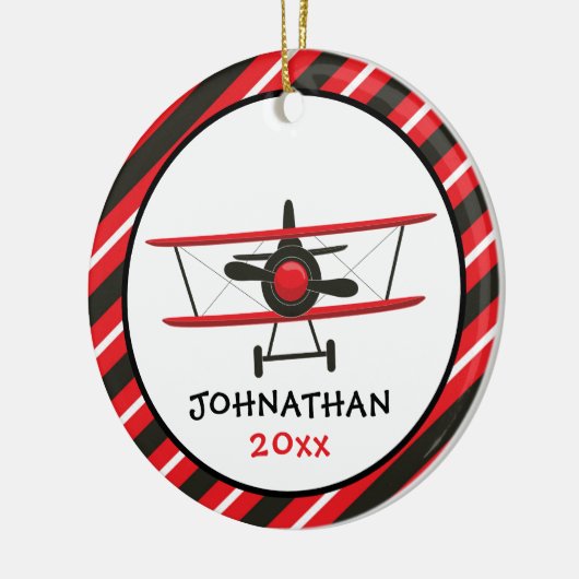かわいいモノグラムレッド飛行機ストライプクリスマス セラミックオーナメント (左)