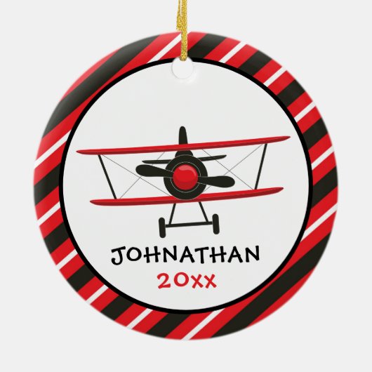 かわいいモノグラムレッド飛行機ストライプクリスマス セラミックオーナメント (裏面)