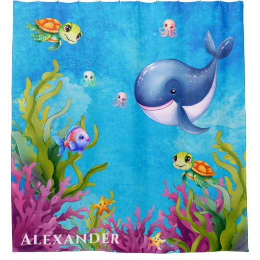 かわいいモノグラム名コースタルウミガメ鯨 シャワーカーテン (正面)