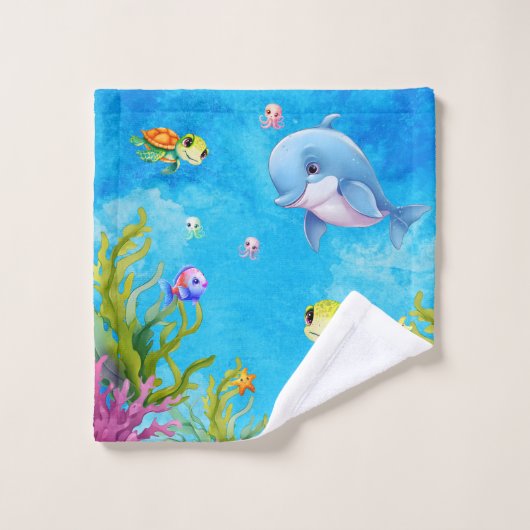 かわいいモノグラム名コースタルシータートルイルカ バスタオルセット (ウォッシュタオル)