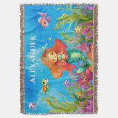 かわいいモノグラム名コースタルマーメイド スローブランケット (正面縦)