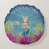 かわいいモノグラム名ブルーウォーター色マーメイド ラウンドクッション (正面)