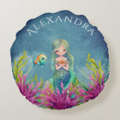 かわいいモノグラム名ブルーウォーター色マーメイド ラウンドクッション (裏面)