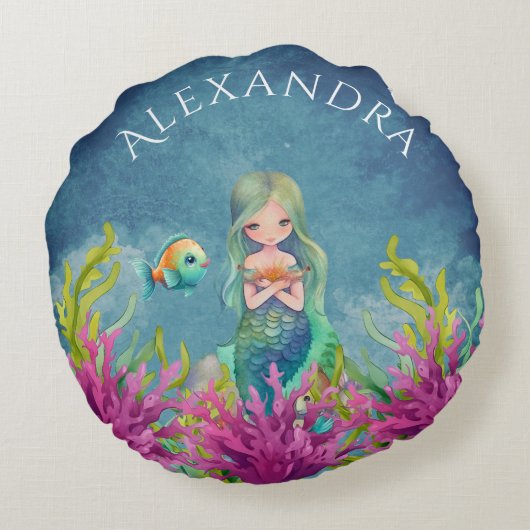 かわいいモノグラム名ブルーウォーター色マーメイド ラウンドクッション (裏面)