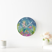 かわいいモノグラム名前の水彩人魚 ラウンド壁時計 (ホーム)