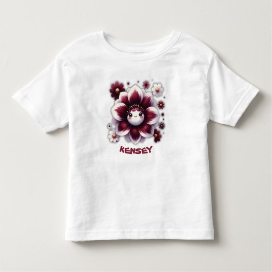 かわいいモノグラム ワインレッドと白の花 | トドラーTシャツ (正面)