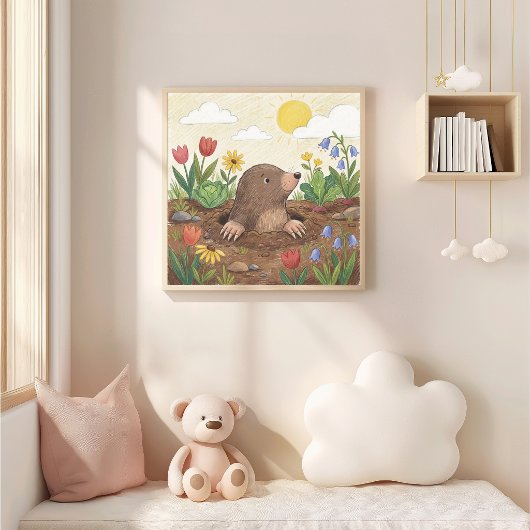 かわいいモルと花のクレヨン画の子供 ポスター