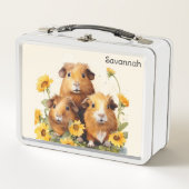 かわいいモルモット花ペットかわいらし動物をテーマにした メタルランチボックス (正面)