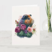 かわいいモルモットinマゼンタフラワーバレンタインデー シーズンカード (正面)