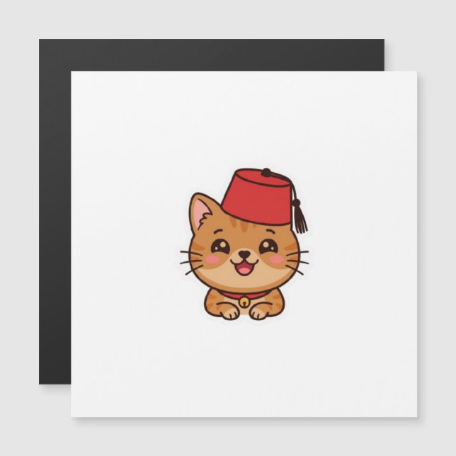 かわいいモロッコのフェズ帽子をかぶった猫ステッカー (正面/裏面)