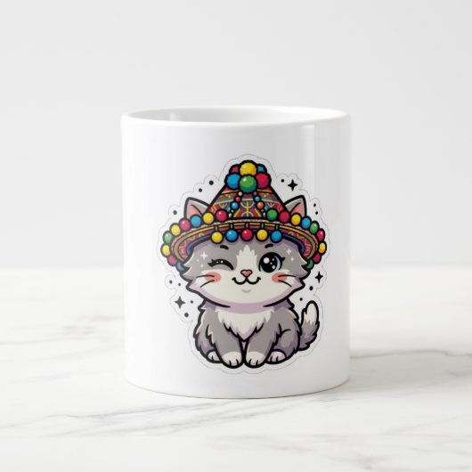 かわいいモロッコアマジグネコ織り帽子ポンポン ジャンボコーヒーマグカップ (正面)