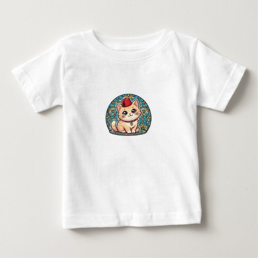 かわいいモロッコ猫の赤いタルボウシュ帽子 ベビーTシャツ (正面)