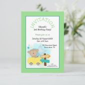 かわいいモンキーカーボーイ誕生日パーティーグリーン 招待状 (スタンド正面)