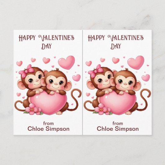 かわいいモンキーキッズバレンタインパーティー教室カード ポストカード (正面)