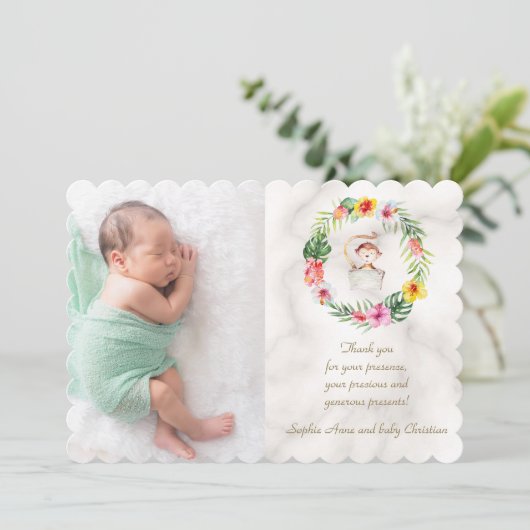 かわいいモンキートロピカルフローラガールベビーシャワー サンキューカード (スタンド正面)
