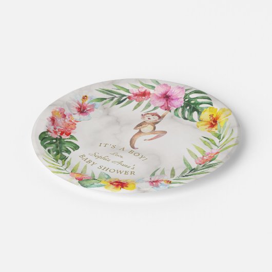 かわいいモンキートロピカルフローラガールベビーシャワー ペーパープレート (アングル)