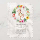 かわいいモンキートロピカルフローラガールベビーシャワー 招待状 (正面/裏面)