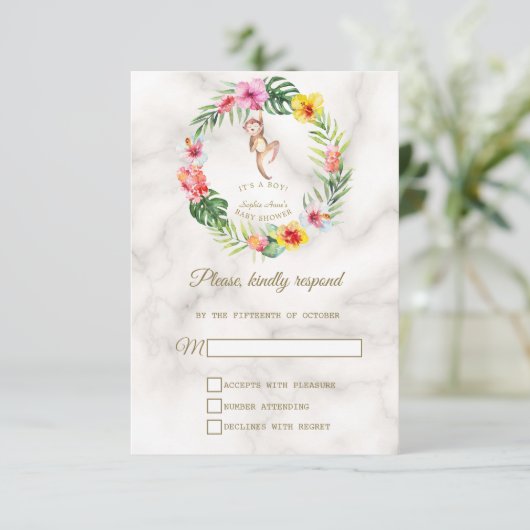 かわいいモンキートロピカルフローラボーイベビーシャワー 出欠カード (スタンド正面)