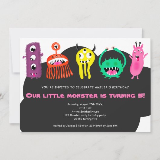 かわいいモンスターのイラストを使った5歳の誕生日パーティー 招待状 (正面)