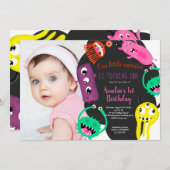 かわいいモンスターのイラストレーションの第1誕生日の写真 招待状 (正面/裏面)