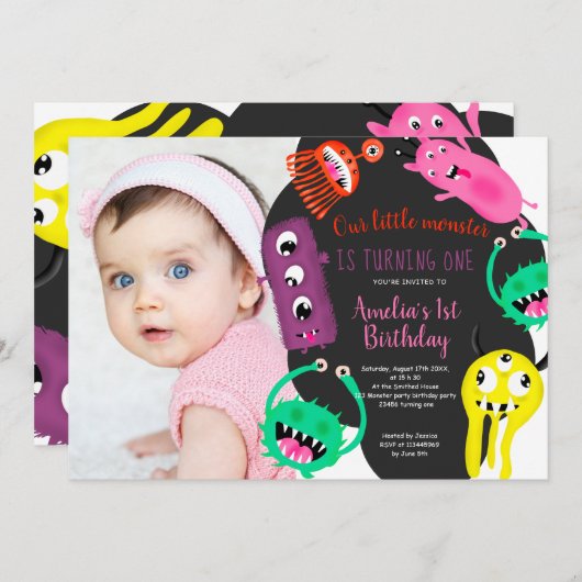 かわいいモンスターのイラストレーションの第1誕生日の写真 招待状 (正面/裏面)