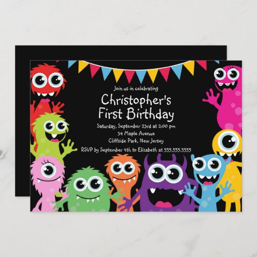 かわいいモンスターのバースデーパーティ招待状 招待状 (正面/裏面)