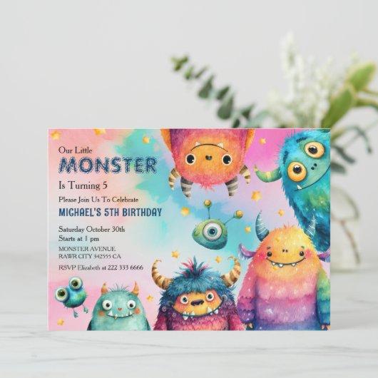 かわいいモンスターのパーティーで子供の誕生日をお祝いしよう 招待状 (スタンド正面)