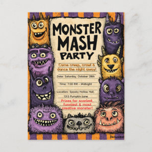 かわいいモンスターのパーティー「Monster Mash Party」 インビテーションポストカード