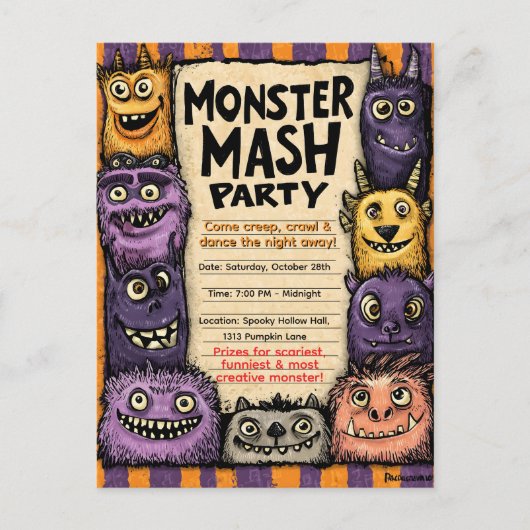 かわいいモンスターのパーティー「Monster Mash Party」 インビテーションポストカード (正面)