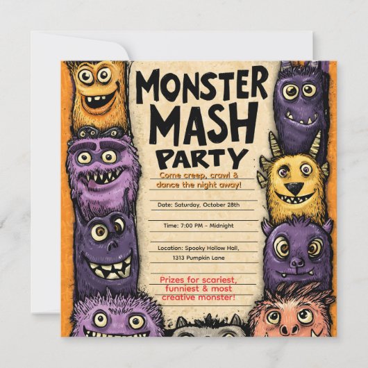 かわいいモンスターのパーティー「Monster Mash Party」 招待状 (正面)