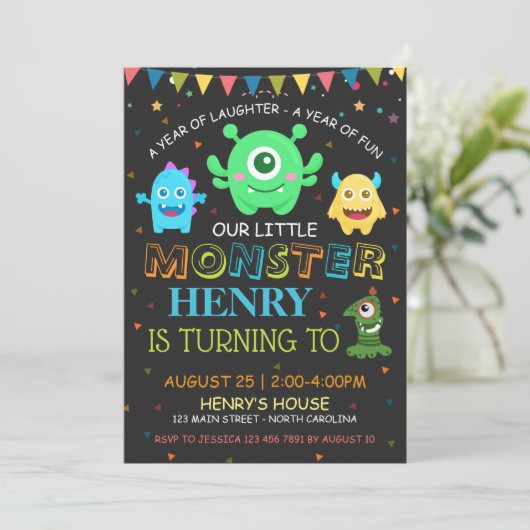 かわいいモンスターの最初誕生日はRSVPを個人化します 招待状 (スタンド正面)