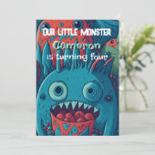 かわいいモンスターの誕生日パーティー 青 赤 招待状 (スタンド正面)