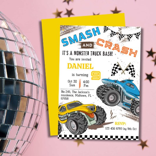 かわいいモンスターカーの9歳の誕生日 招待状