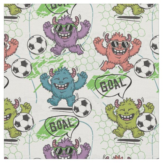 かわいいモンスターサッカーキッズ柄 ファブリック (クローズアップ)