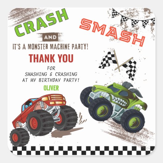かわいいモンスターサンキューカートラック子供の誕生日 スクエアシール (正面)
