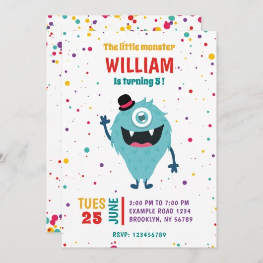 かわいいモンスタースリトルモスター誕生日パーティー 招待状 (正面/裏面)