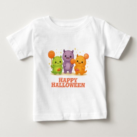 かわいいモンスターズ&棒つきキャンデーハロウィーンフェイバーバッグ ベビーTシャツ (正面)