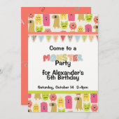 かわいいモンスターバースデーパーティーへの招待 招待状 (正面/裏面)