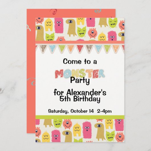 かわいいモンスターバースデーパーティーへの招待 招待状 (正面/裏面)