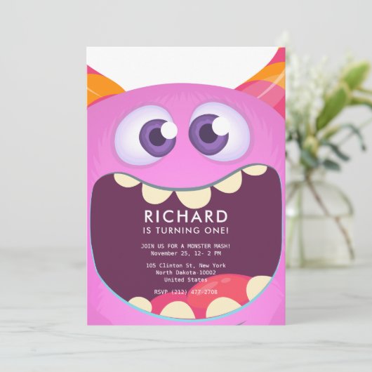 かわいいモンスターピンクをテーマにした誕生日パーティー 招待状 (スタンド正面)