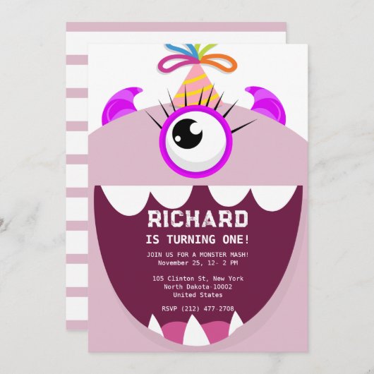 かわいいモンスターピンクをテーマにした誕生日パーティー 招待状 (正面/裏面)