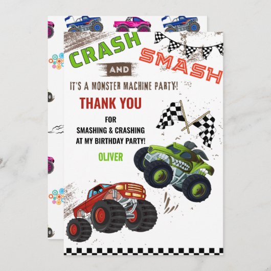 かわいいモンスター機械のトラックカーの子供の誕生日男の子 サンキューカード (正面/裏面)