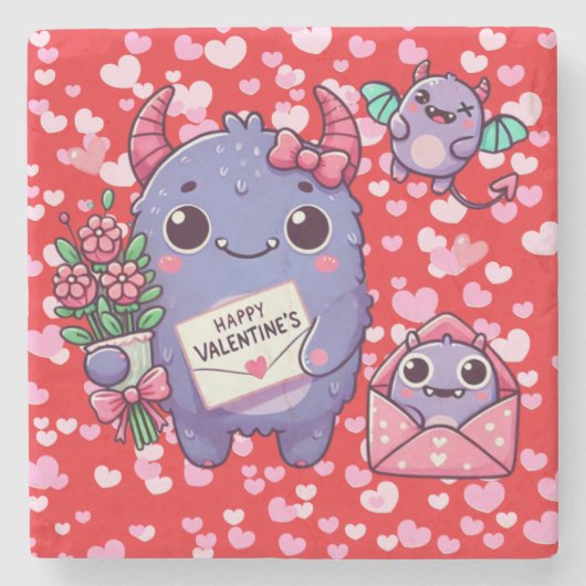 かわいいモンスター バレンタインデー  ストーンコースター (正面)