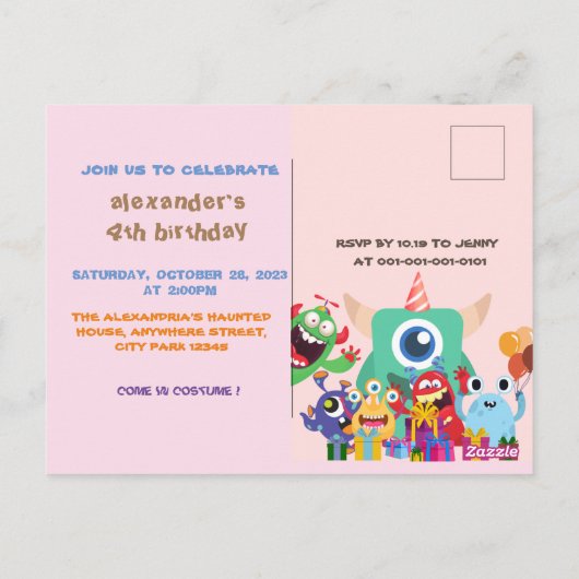 かわいいモンスター パーティー キッズ 誕生日 ポストカード (裏面)