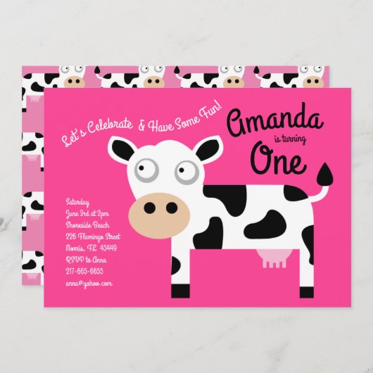 かわいいモーウシキッズ1歳の誕生日パーティの招待状 招待状 (正面/裏面)