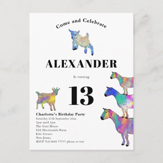 かわいいヤギの動物をテーマにした誕生日パーティー インビテーションポストカード (正面)